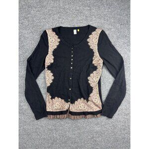 Knitted & Knotted Cardigan Sweater Womens Medium Black Pink Lace Trim Button Up